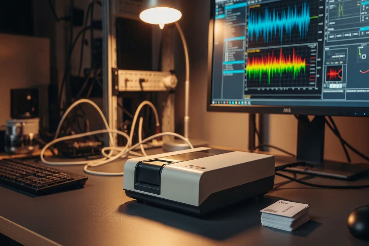 Access card encoding bench with proximity credentials being programmed to facility codes