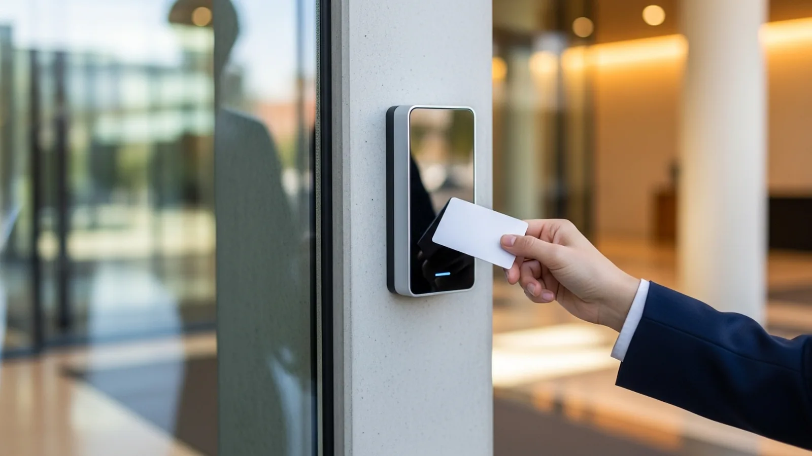 Kantech ioProx proximity reader mounted on a wall beside a commercial access door