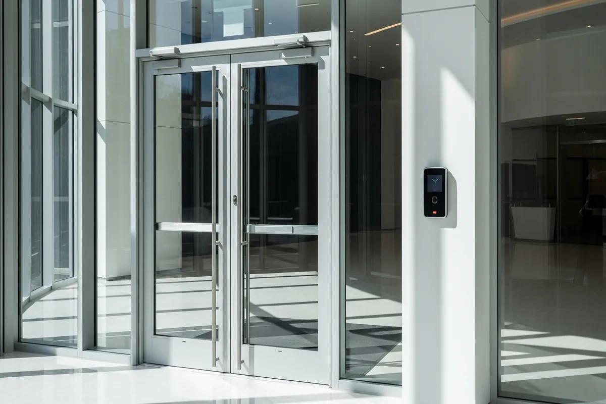 Commercial office entry door with wall-mounted proximity card reader