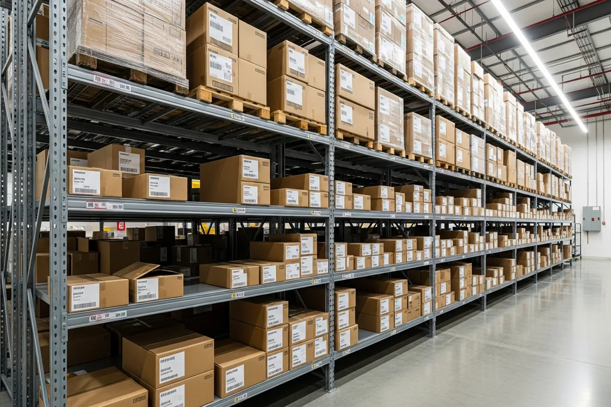 Boxed access cards on warehouse fulfillment shelves
